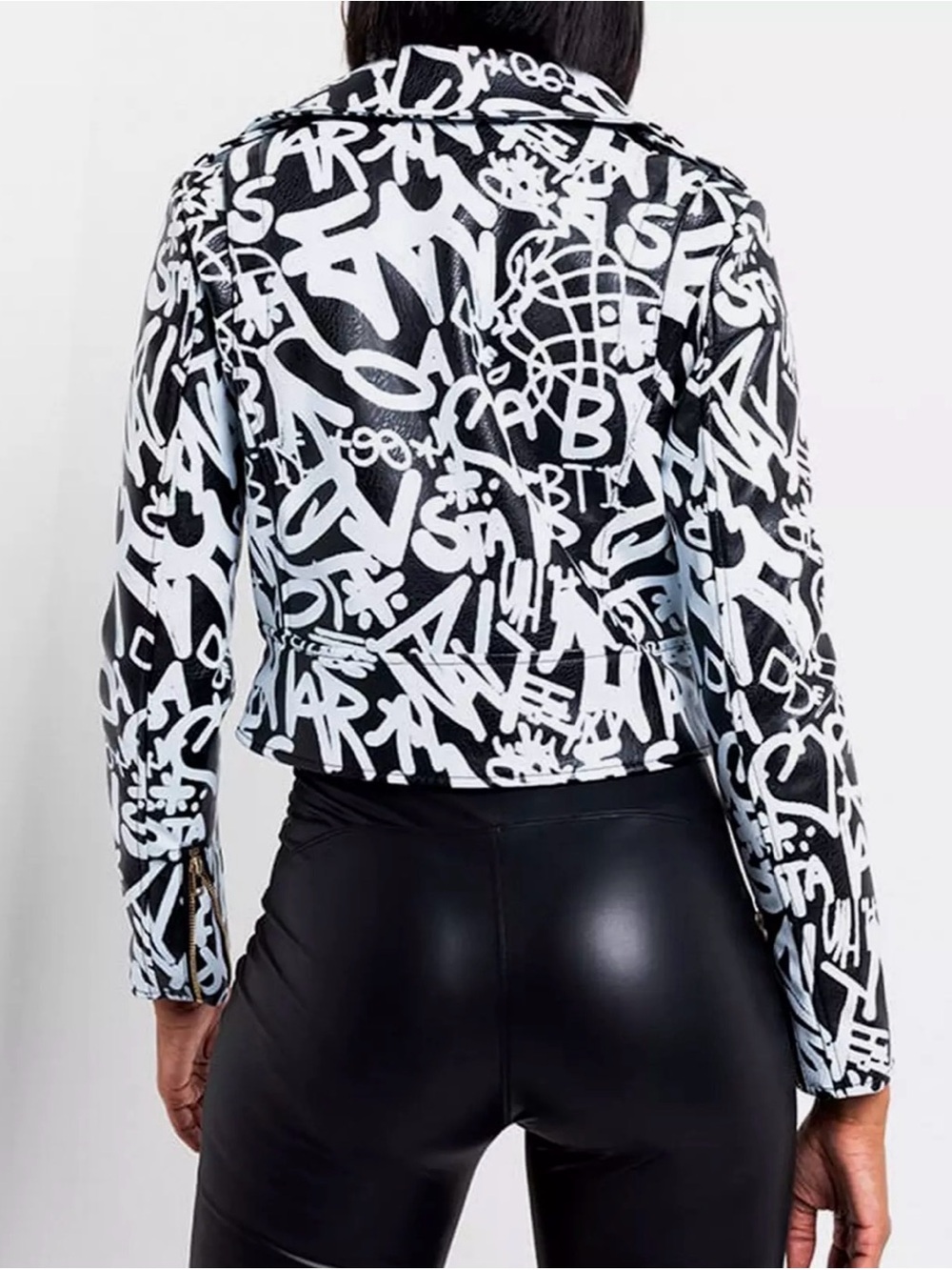 Azalea Wang No Game Graffiti-Print Black & White Faux Leather Moto Jacket. - Picture 2 of 8